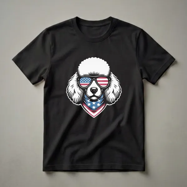 White poodle wearing aviator sunglasses with American flag lenses and a red, white, and blue bandana, graphic t-shirt.