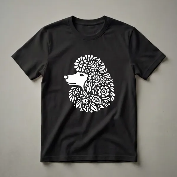 White floral poodle head graphic on a black t-shirt, featuring intricate flower and leaf details forming the dog's mane and head.
