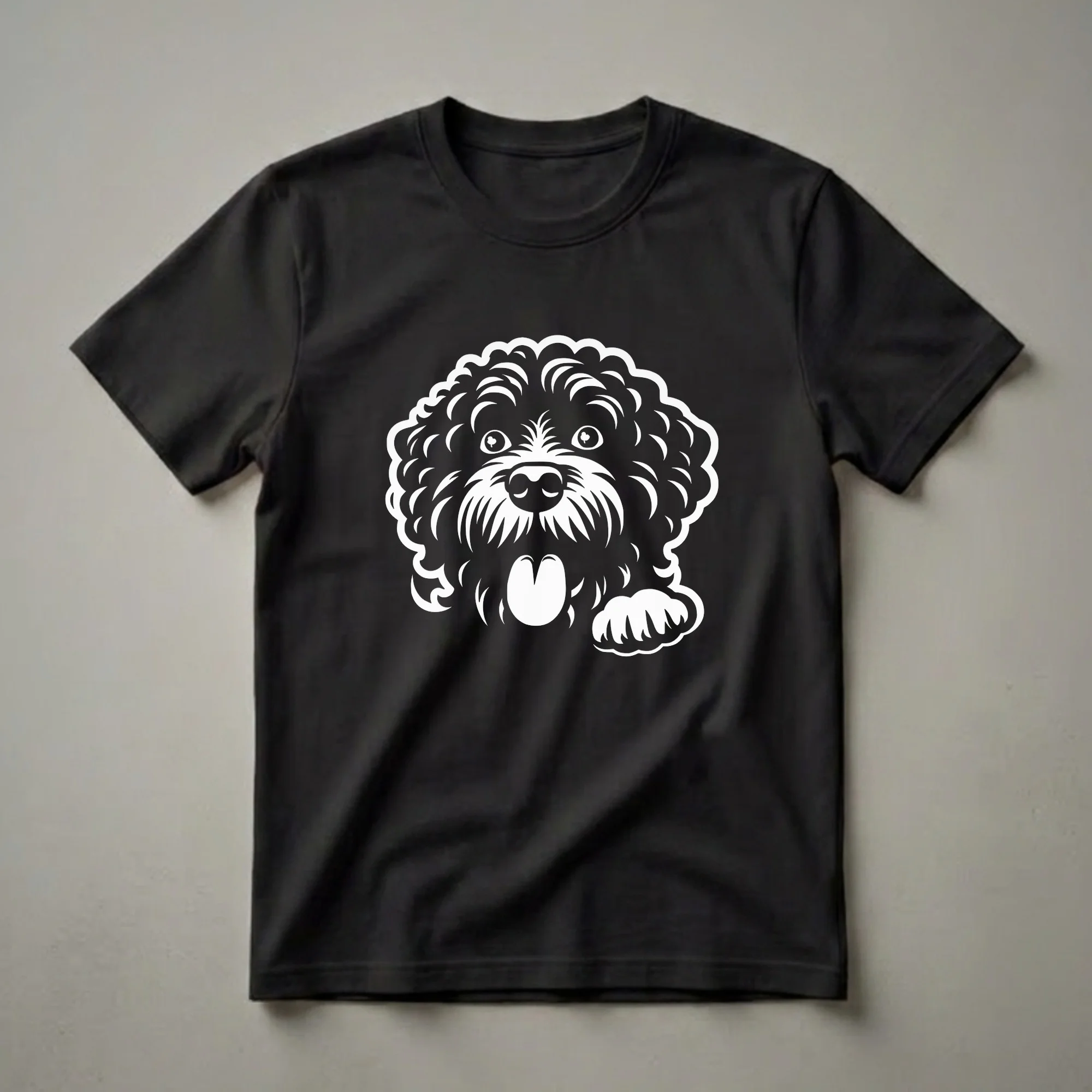 White graphic of a black Portuguese Water Dog peeking with its tongue out and one paw raised, on a dark background.