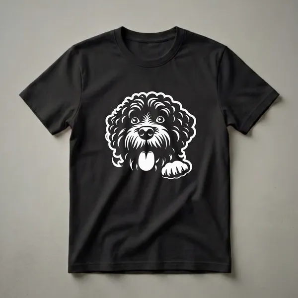 White graphic of a black Portuguese Water Dog peeking with its tongue out and one paw raised, on a dark background.