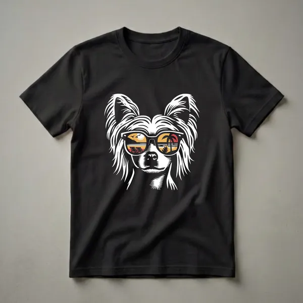 White graphic of a Chinese Crested dog wearing black sunglasses, with a colorful beach sunset scene reflected in the lenses, on a black background.