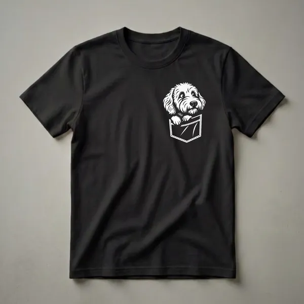 Black t-shirt featuring a white graphic of a Labradoodle dog's head and paws peeking out of a stylized chest pocket.