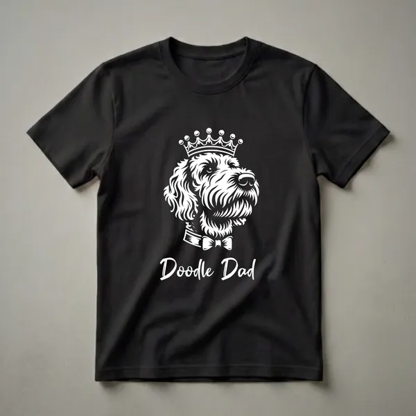 White graphic on a black shirt showing a Labradoodle dog wearing a crown and a bowtie, with the text 'Doodle Dad' below.