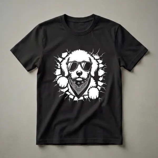 White graphic of a fluffy Labradoodle dog wearing black sunglasses and a patterned bandana, breaking through a cracked black background, on a black t-shirt.