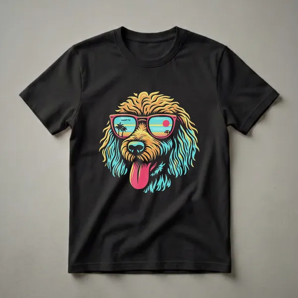 A graphic t-shirt featuring a colorful illustration of a Labradoodle dog wearing pink sunglasses that reflect a beach sunset scene with palm trees and a sun.