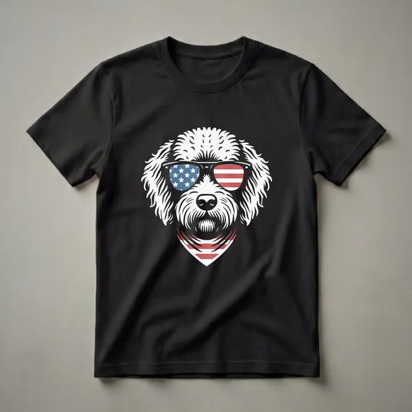 White Labradoodle graphic wearing sunglasses with American flag design and a red and white striped bandana, on a black background.