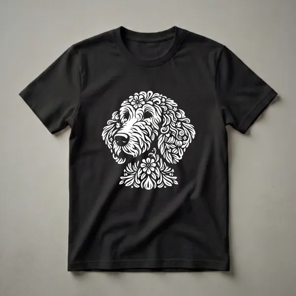 White floral Labradoodle face graphic on a black t-shirt, featuring intricate leaf and flower details forming the dog's head and features.