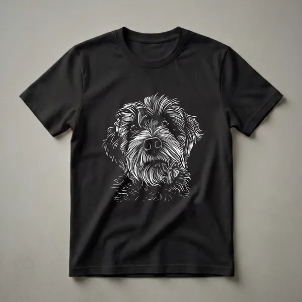 White line art illustration of a Labradoodle dog's face with detailed fur texture, set against a black background.