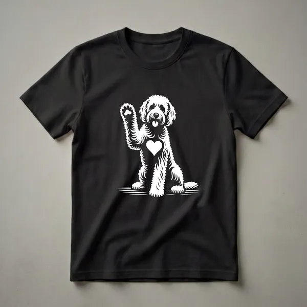White graphic of a sitting Labradoodle dog with a raised paw and a heart on its chest, against a black background, on a t-shirt.