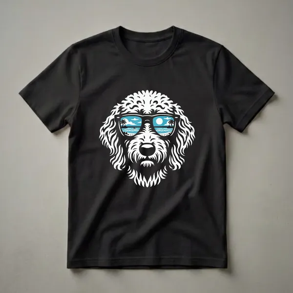 White Labradoodle dog face graphic t-shirt with black stylized fur, wearing sunglasses that reflect a bright beach scene with palm trees, sun, and ocean waves.