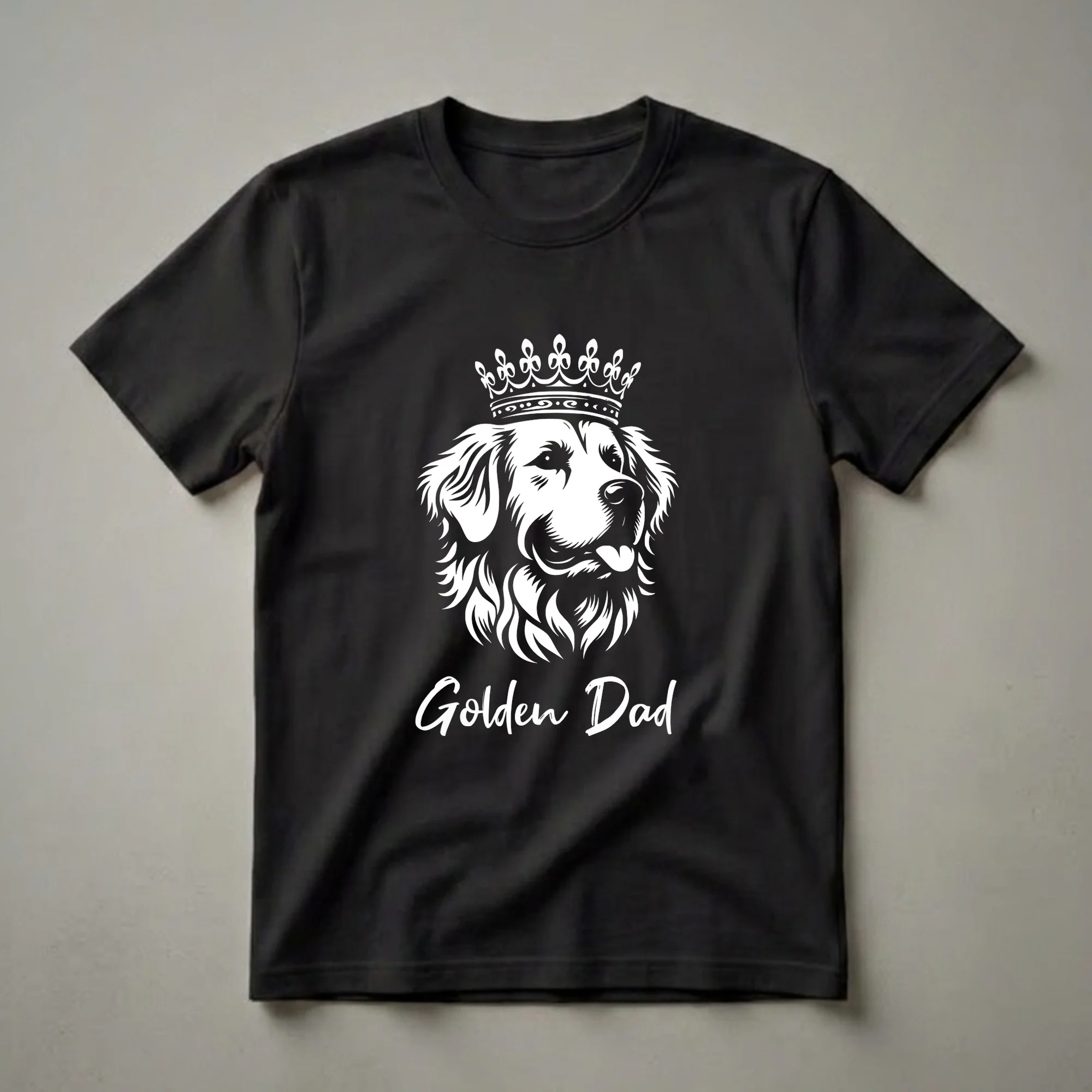 White graphic of a Golden Retriever dog wearing a crown, with the words 'Golden Dad' below, on a black shirt.