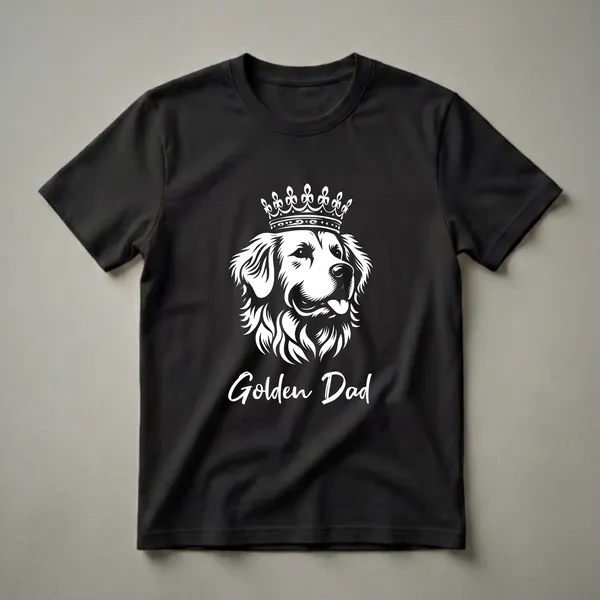 White graphic of a Golden Retriever dog wearing a crown, with the words 'Golden Dad' below, on a black shirt.