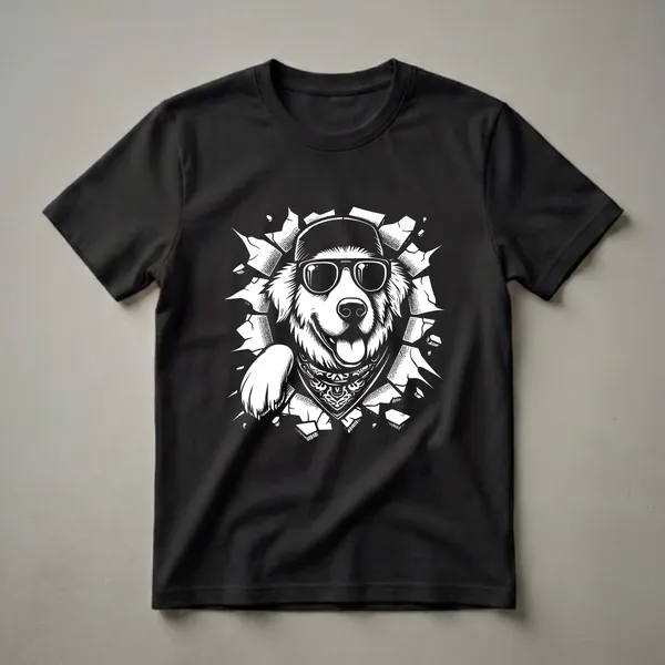 Black and white graphic t-shirt featuring a Golden Retriever wearing sunglasses and a bandana, breaking through a cracked wall.