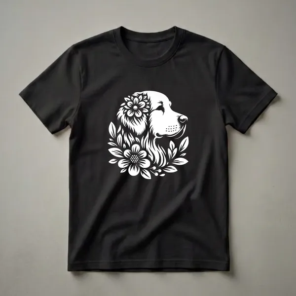 White graphic of a Golden Retriever's head surrounded by flowers and leaves on a black t-shirt.