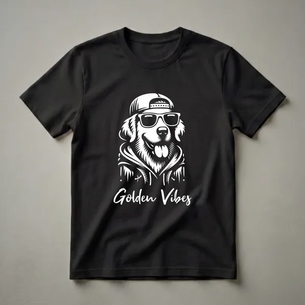 Black t-shirt featuring a white graphic of a Golden Retriever wearing sunglasses and a backward baseball cap, with the words 'Golden Vibes' below.