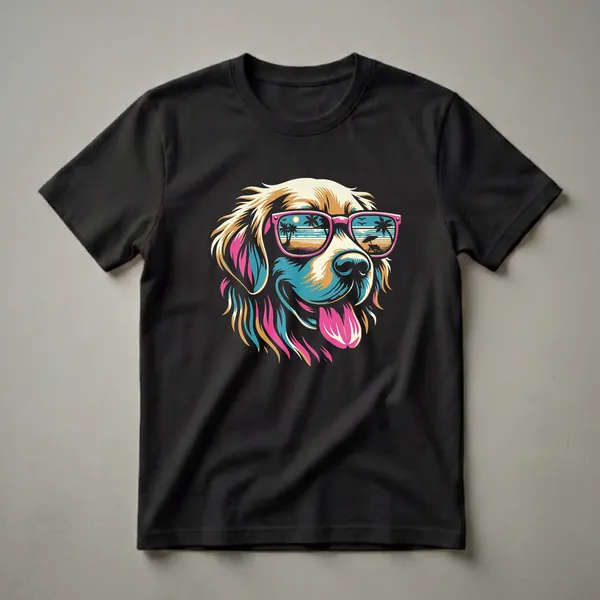 Black t-shirt featuring a colorful graphic of a Golden Retriever wearing pink sunglasses that reflect a beach scene with palm trees and a sunset.