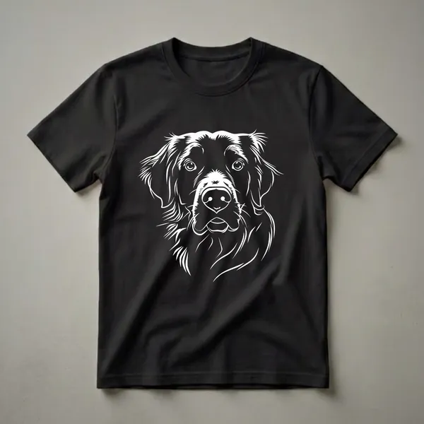 White line art illustration of a Golden Retriever's face on a black t-shirt, showcasing its eyes, nose, and fur detail.