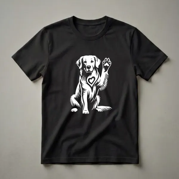 White graphic of a Golden Retriever dog sitting with its paw raised, a heart design on its chest, on a black t-shirt.