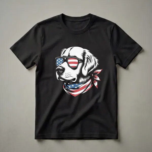 White Golden Retriever wearing black sunglasses with American flag lenses and a red, white, and blue bandana around its neck, set against a black background.