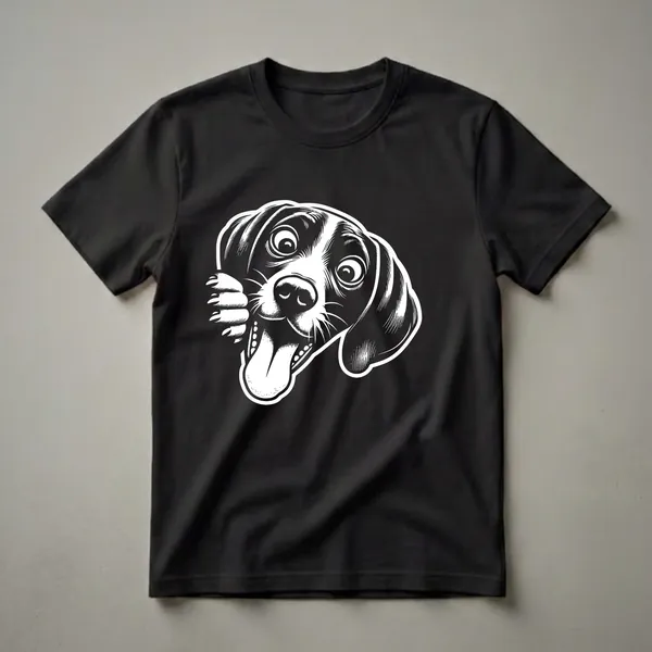 Black and white graphic t-shirt featuring a German Shorthaired Pointer dog peeking from the side with a wide-eyed, excited expression and its tongue out.