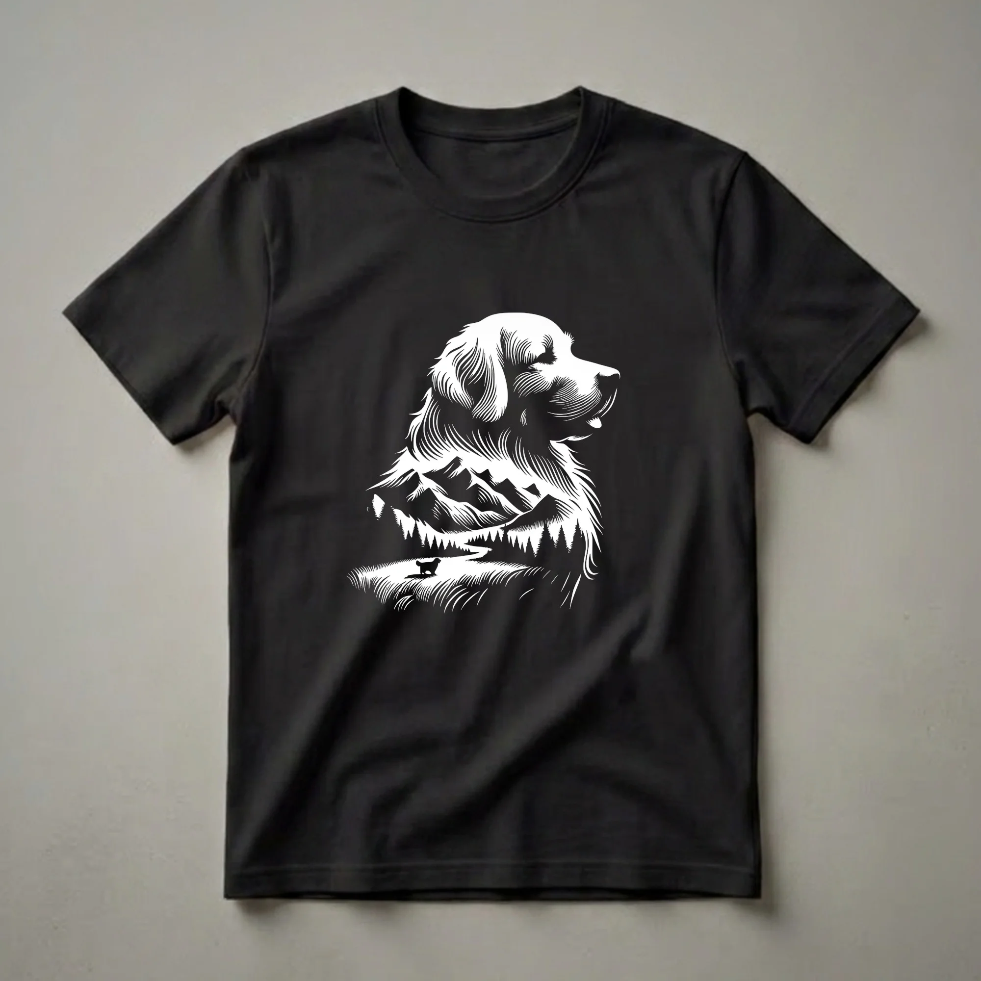 White line art graphic t-shirt featuring a Golden Retriever's head with a mountain and forest landscape inside, and a small dog in a field.
