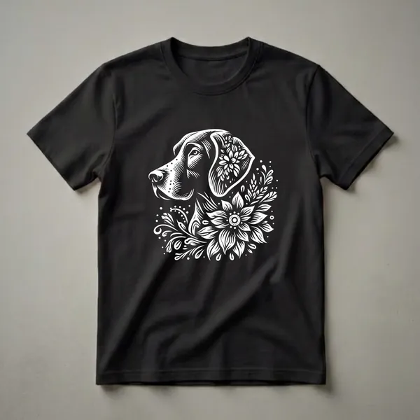 White linework graphic of a German Shorthair Pointer's head surrounded by flowers and leaves on a black t-shirt.