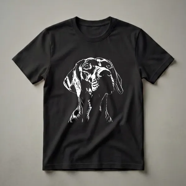White line art illustration of a German Shorthair Pointer dog's face on a black t-shirt.