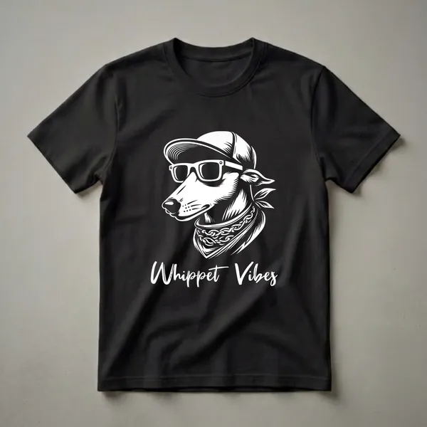 Black t-shirt with a white graphic of a Whippet wearing a backward baseball cap, sunglasses, and a bandana with a chain pattern, with the text 'Whippet Vibes' below.