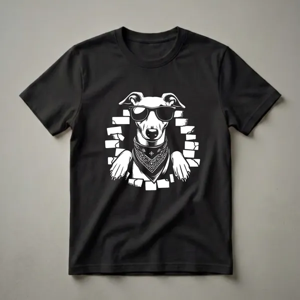 Black t-shirt featuring a white graphic of a whippet dog wearing sunglasses and a paisley bandana, peeking through a broken brick wall.