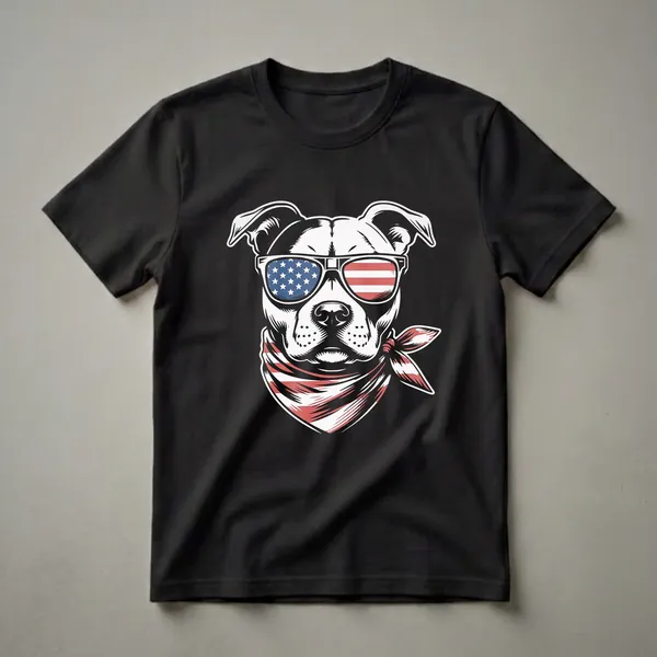 Black t-shirt featuring a white and black graphic of an American Pitbull Terrier wearing sunglasses with the USA flag design and a matching bandana.