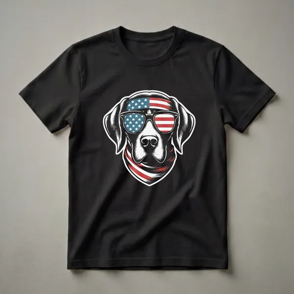 Black German Shorthaired Pointer dog wearing an American flag bandana and sunglasses, graphic t-shirt design.