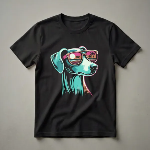 A graphic t-shirt featuring a stylized whippet dog wearing retro sunglasses, with a colorful beach sunset reflected in the lenses, set against a black background.