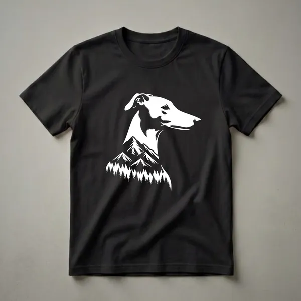 White silhouette of a whippet's head superimposed over a graphic design of snow-capped mountains and pine trees, set against a black background.