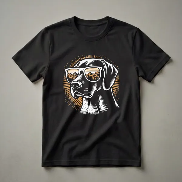 Black German Shorthaired Pointer dog wearing white sunglasses with a mountain and pine tree reflection, set against a black background with orange radiating lines.