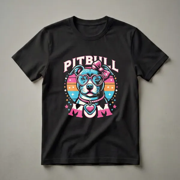Black t-shirt featuring a colorful graphic of a blue American Pitbull Terrier wearing pink heart-shaped glasses and a pink bow, with 'PITBULL MOM' text.