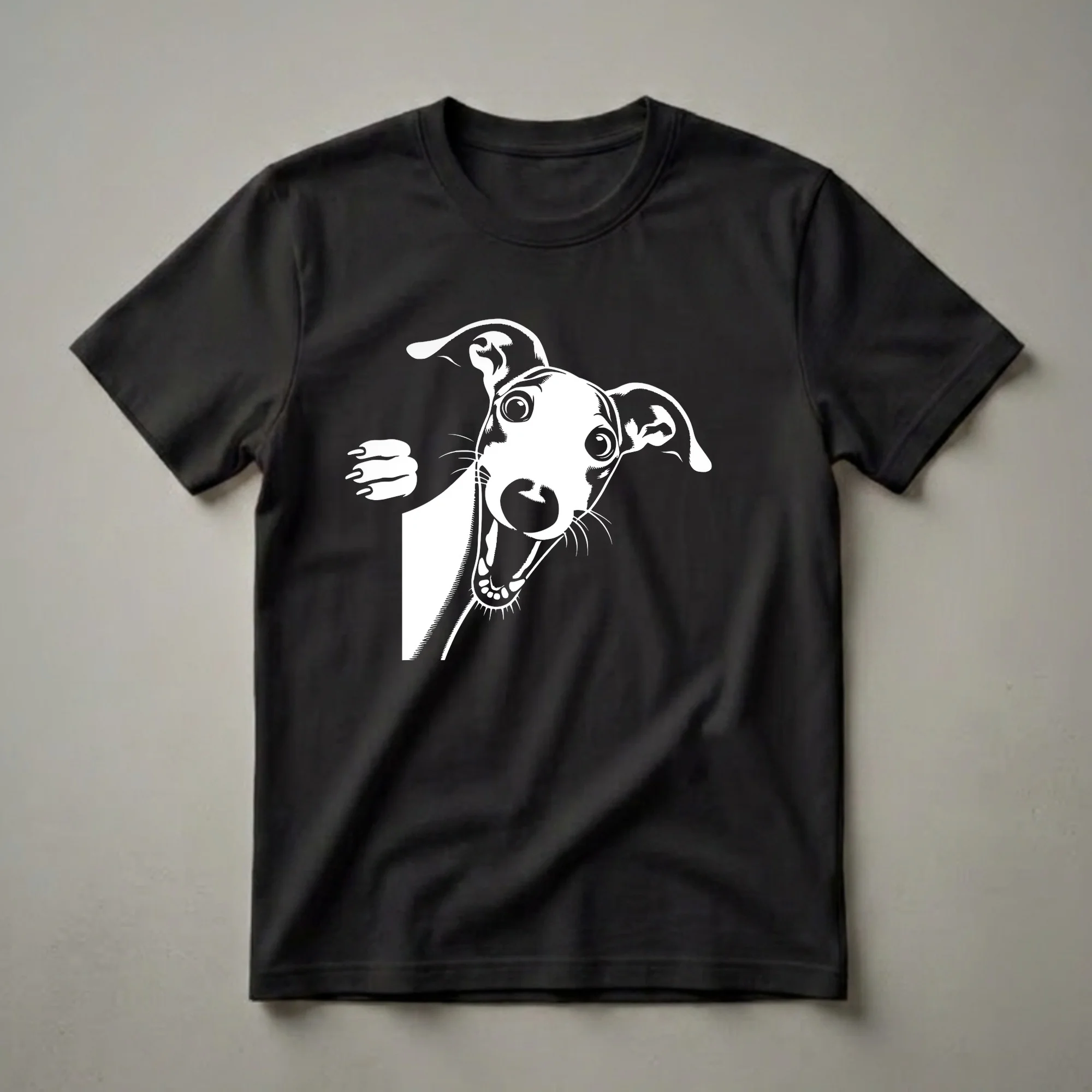 White graphic of a Whippet dog's face peeking from the left side with a surprised expression, on a black t-shirt.