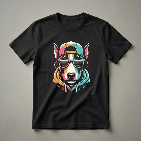 Black t-shirt featuring a colorful graphic of a Bull Terrier dog wearing a backward baseball cap and striped sunglasses, rendered in pink, teal, and orange.