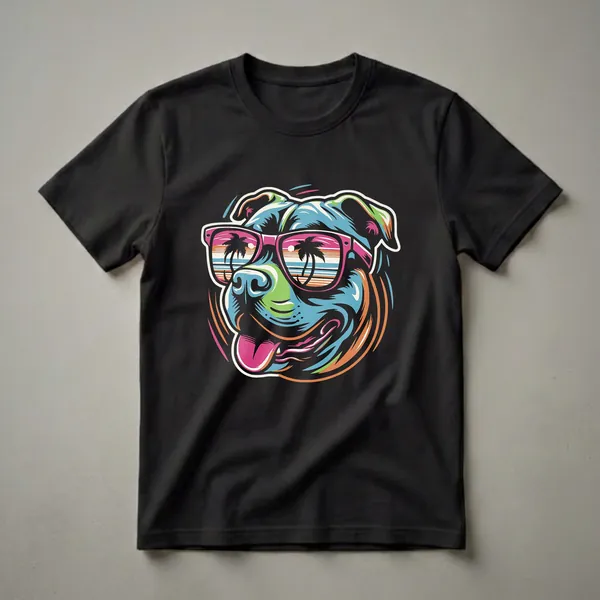 Black t-shirt featuring a colorful illustration of an American Pitbull Terrier wearing pink sunglasses that reflect a beach sunset with palm trees.