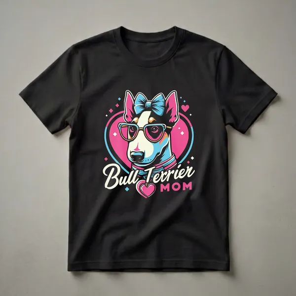 Black t-shirt featuring a colorful graphic of a Bull Terrier wearing sunglasses and a blue bow, with the text 'Bull Terrier MOM' and heart accents.