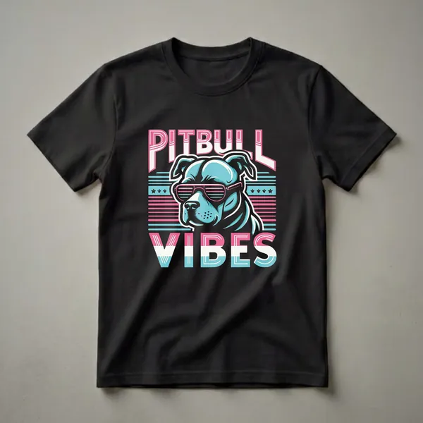 Black t-shirt featuring a blue American Pitbull Terrier wearing pink and blue striped retro sunglasses, with "PITBULL VIBES" in bold, retro lettering.