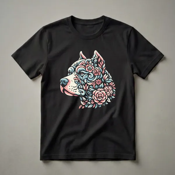 Black t-shirt featuring a profile of an American Pitbull Terrier head composed of floral elements in pastel pink, blue, and cream.