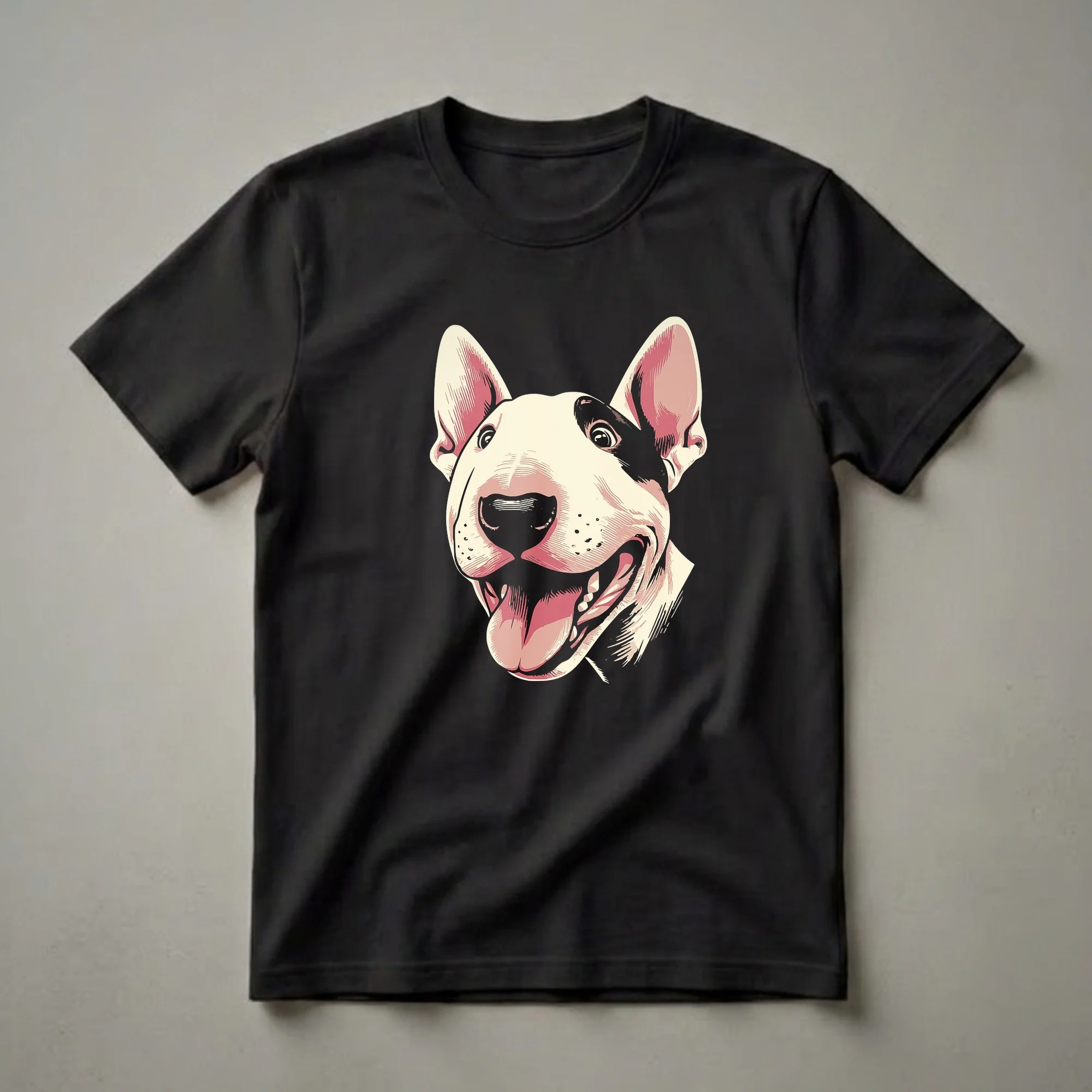 Cream and pink graphic t-shirt featuring a close-up of a Bull Terrier's face peeking from the side, with a black patch over one eye and its tongue hanging out.