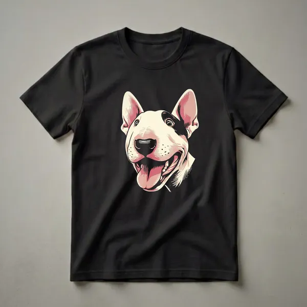 Cream and pink graphic t-shirt featuring a close-up of a Bull Terrier's face peeking from the side, with a black patch over one eye and its tongue hanging out.