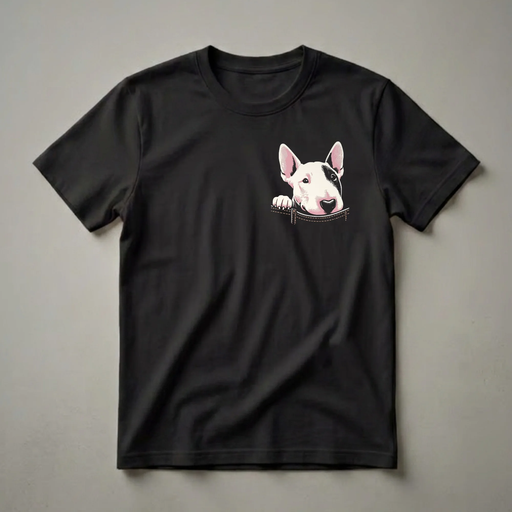 Black t-shirt featuring a graphic illustration of a white Bull Terrier with a black eye patch peeking over a faux denim pocket.