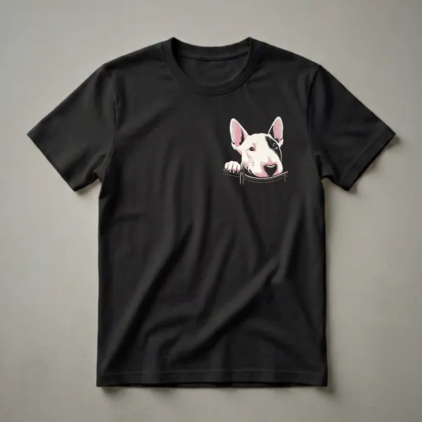 Black t-shirt featuring a graphic illustration of a white Bull Terrier with a black eye patch peeking over a faux denim pocket.