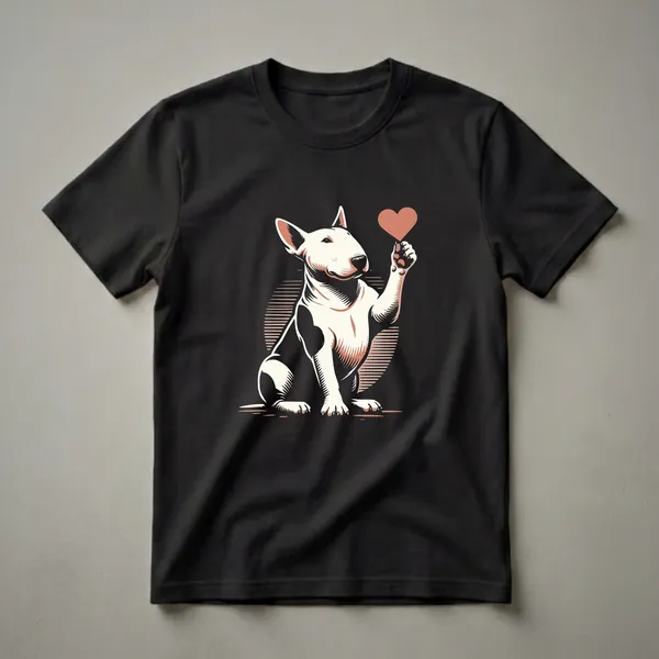 White Bull Terrier sitting and holding a peachy-pink heart in its paw, against a black background with stylized circular lines. The shirt is black.