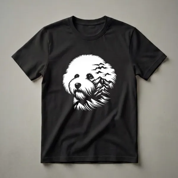 White graphic of a Bichon Frise dog's face with a mountain range and clouds integrated into its fluffy fur, set against a black background.