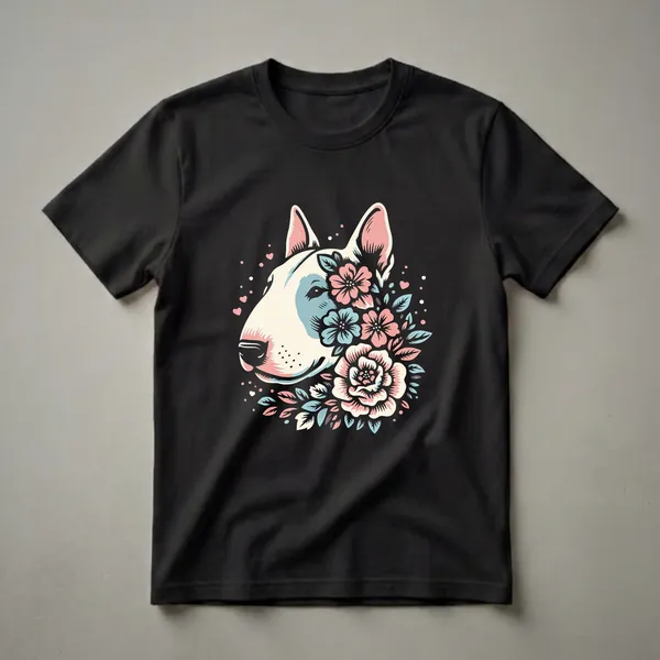 A cream-colored Bull Terrier's head is depicted in profile, surrounded by pink and blue flowers and leaves, on a black background.