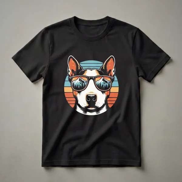 Black t-shirt featuring a graphic of a Bull Terrier dog wearing sunglasses with a mountain and forest landscape reflected in the lenses, set against a retro striped circle background.