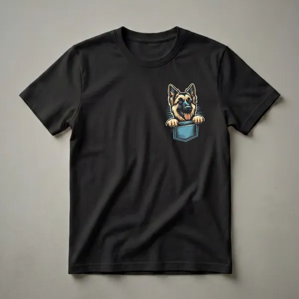 Black t-shirt featuring a stylized illustration of a German Shepherd puppy peeking out of a blue pocket, with its tongue out and paws on the pocket edge.